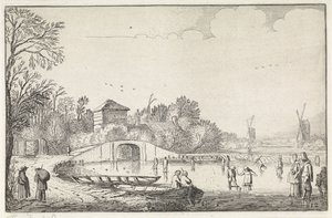 Winter Landscape with Skaters by a Bridge (series title: Landscapes, Amenissimae aliquot requculae) by Jan van de Velde (II)
