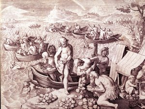 Oyster fishing. 17th century. Engraving by Giovanni Stradano (Jan Van Der Straet) (Johannes Stradanus) (1523-1605) by Jan van der Straet