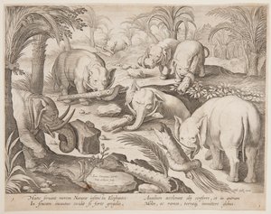 Elephants Helping Each Other out of a Trap, Plate 1 from the Venationes Ferarum, Avium, Piscium Series by Jan van der Straet, called Stradanus