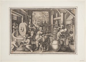 Oleum Olivarum (The Production of Olive Oil), Plate 12 in the Nova Reperta (New Inventions of Modern Times) by Jan van der Straet, called Stradanus