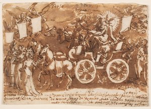 Page of a sketchbook; Chariot and three horses