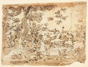 Bird Hunt with Falcons; Lunette Decorated with Animals, Capricorn, and Foliage