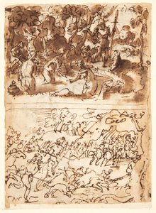 Recto, above: Diana and Actaeon; Recto, below: Boar Hunt; Verso, above: Studies of Two Male Heads; Verso, below: Meeting of Anna and Joachim at the Golden Gate, The Circumcision of the Christ-child