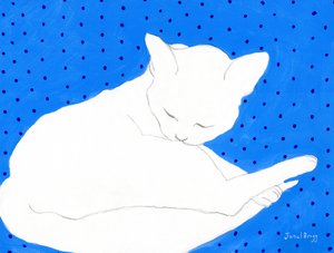 White Cat on Blue with Polka Dots