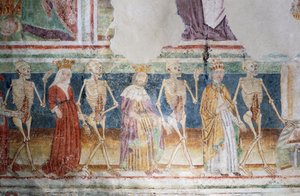 Hrastovlje fortified church, Trinity Church, Death accompanying Pope and Queen, Dance of Death (detail), Slovenia by Janez Kastav