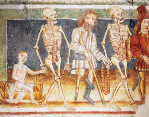 Hrastovlje fortified church, Trinity Church, Death accompanying child and poor, Dance of Death (1490) (detail) by Janez Kastav
