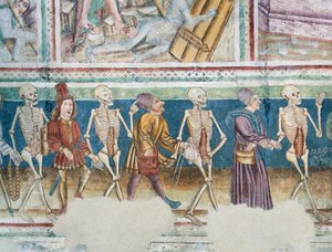Hrastovlje Fortified Church, Trinity Church, Death Accompanying Merchant and Wealthy Banker, Dance of Death (detail) by Janez Kastav