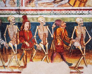 Hrastovlje Fortified Church, Trinity Church, Death Accompanying Merchant and Wealthy Banker, Dance of Death (detail) by Janez Kastav