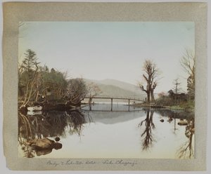 Bridge and lakeside hotel, Lake Chuzenji, Nikko, Japan