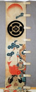 Banner (nobori), detail of Seven Gods of Fortune motifs, family crests, flower in circle, in cotton, Dyed in reserve with rice starch, with pigments, ink, chemicals, ink, Japanese civilization, Meiji-Taisho period, 20th century