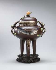 Enamel and soft-metal-inlaid iron incense burner, sealed Koichi Shin (Takasaki Koichi), Meiji Period
