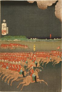 French and British troops engaged in military training manoeuvres, Yokohama, Japan. British cavalry exercise. Part of triptych by Taiso Yoshitoshi (1839-1892) Japanese Ukiyo-e artist by Japanese School