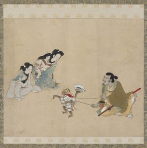 Monkey trainer and monkey performing a dance, Edo period