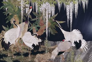 Needlework hanging with cranes, cycads and wisteria