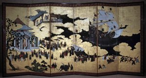 Portuguese Screen Representing the Arrival of Portuguese Jesuit Missionaries in Japan in the 16th Century by Japanese School