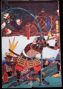 Samurai displaying severed heads of their enemies on bamboo canes, sewamono (domestic play) by Japanese School