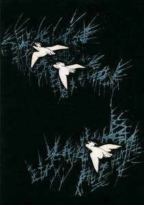Three Cranes in a Black Landscape