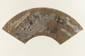 Untitled - Fan-shaped painting of ladies sitting in a pavilion playing a game by Japanese School