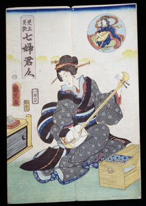 Woman playing shamisen by Japanese School
