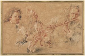 Two Studies of a Flutist and a Study of the Head of a Boy by Jean-Antoine Watteau