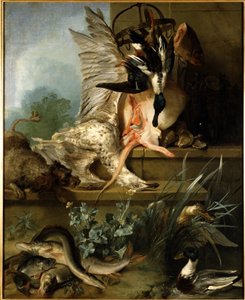 Still Life with a Spaniel Chasing Ducks ("Water")