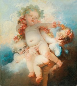 Three putti wreathed with flowers
