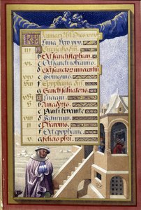 January: House in winter (Aquarius) - facsimile of the Hours of Anne of Brittany, by Jean Bourdichon