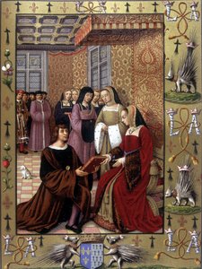 Jean Marot Offering His Book, Le Voyage de Genes, to Queen Anne of Brittany (After an Illumination by Jean Bourdichon, circa 1508) by Jean (after) Bourdichon