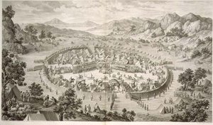 Tchao-Hoei Occupies his Troops with Exercises and Military Games in 1758, plate 5 from a series of prints representing the conquests of Qianlong, the Emperor of China, engraved by Pierre Philippe Choffard 1772