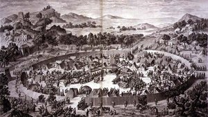 Tchao-Hoei in his Camp below the walls of Yerechim Receives the Homage of the Inhabitants of the Town and Province in July 1759, plate 4 from the series of prints representing the conquests of Qianlong, the Emperor of China, engraved by Pierre Philippe Cho