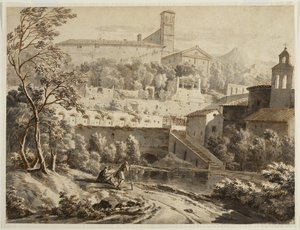 An Artist Sketching Along a Riverbank, Below an Italian Town by Jean Antoine Constantin