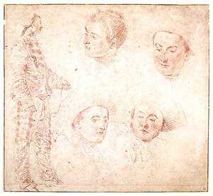A Character and Four Heads by Jean Antoine Watteau