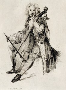 Cello player, engraving, France by Jean Antoine Watteau