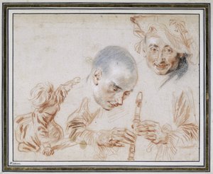 Crouching Child, Two Male Heads, One Wearing a Beret, Arms and Hands of a Recorder-Player by Jean Antoine Watteau