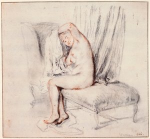 Nude Woman Sitting on a Chaise Longue, Putting on Her Shirt, 18th Century by Jean Antoine Watteau