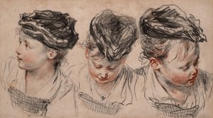 Three head studies of a girl wearing a hat