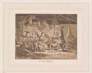 Interior of a barn with two figures on a bench and a man by a fire by Jean Baptist Leprince