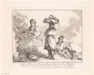 Title Print with Three Street Vendors with Their Goods by a Rock by Jean Baptist Leprince