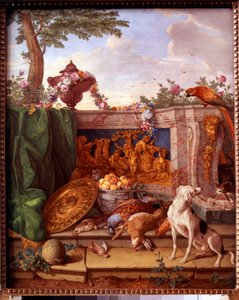 Plaque Depicting the Hunts of Louis XVI: Detail Representing a Dog Keeping Game by Jean Baptiste (after) Oudry
