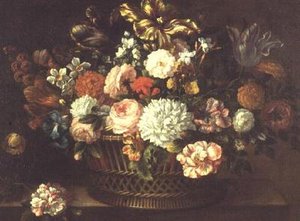 Peonies, Tulips, Narcissi and Other Flowers in a Basket by Jean Baptiste (attr. to) Monnoyer