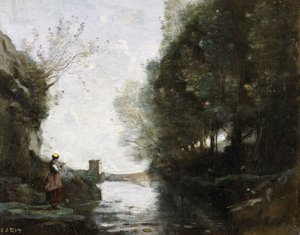 A River with a Square Tower and a Farmer in the Foreground by Jean Baptiste Camille Corot
