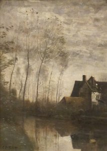A River Scene with Houses and Poplars