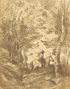 Horseman in the Woods, Large Plate by Jean Baptiste Camille Corot