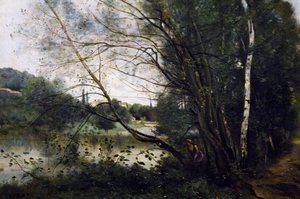 Lake with the leaning tree trunk by Jean Baptiste Camille Corot