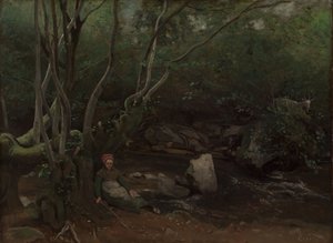 Goat-Girl Sitting Beside a Stream in a Forest