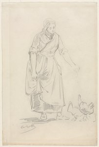 Peasant Girl Feeding Chickens by Jean Baptiste Camille Corot