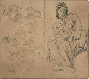 Sketches: Four Figures and Seated Mother and Child (recto); Seated Mother and Child (verso) by Jean Baptiste Carpeaux
