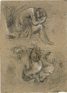 Sketches: Seated Man with Head in Hands and Two Figures Bending Toward Others in Background (recto); Reclining Woman (verso)
