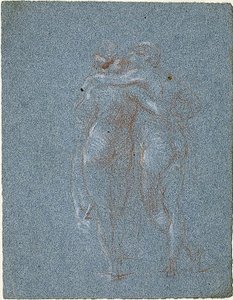 Two Standing Figures, Embracing (recto); Man with Scythe and Sketches of Buildings (verso)