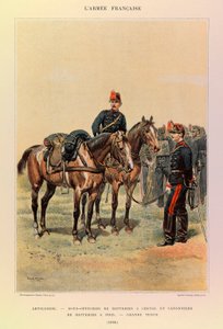 Types and uniforms of the French Army of Captain Jules Richard, illustrated by Edouard Detaille (1848-1912): Artillery: Under-officers of batteries on horses and gunners of battery on foot in large attire in 1886